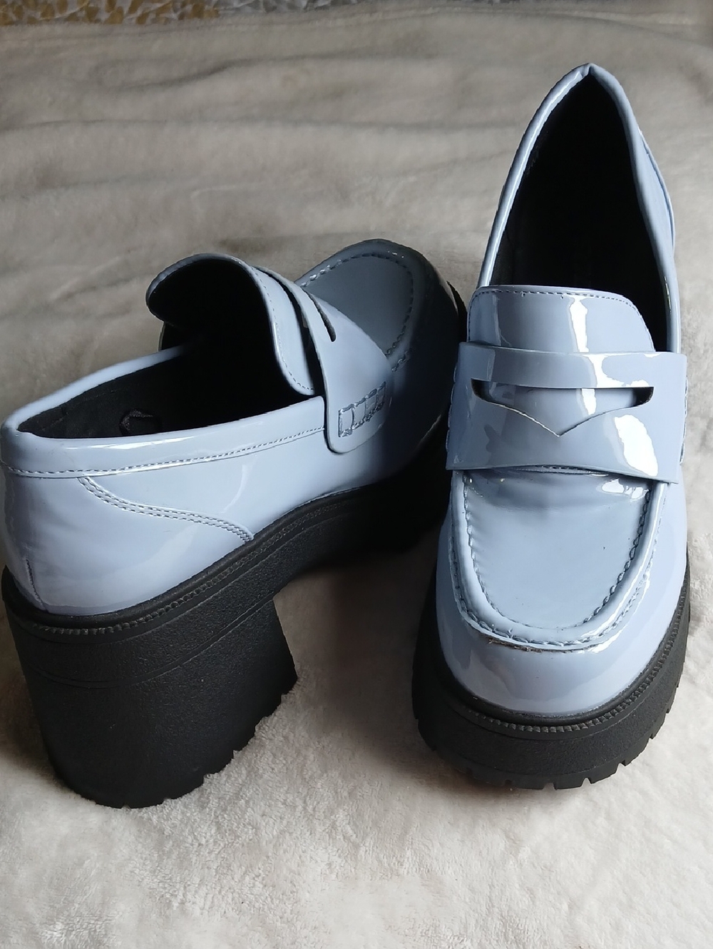 Patent Leather Chunky Heel Loafers - Light Blue